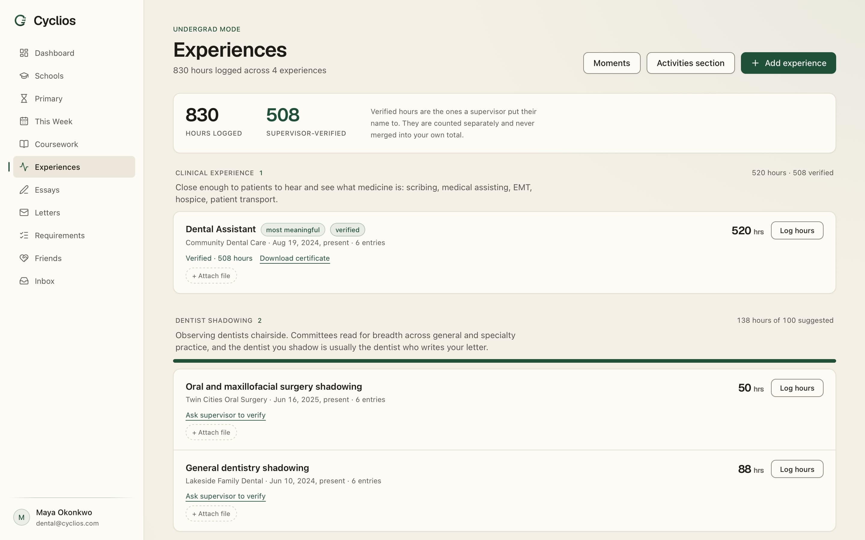 The Cyclios experiences screen showing logged hours, supervisor-verified hours, and a role marked verified.