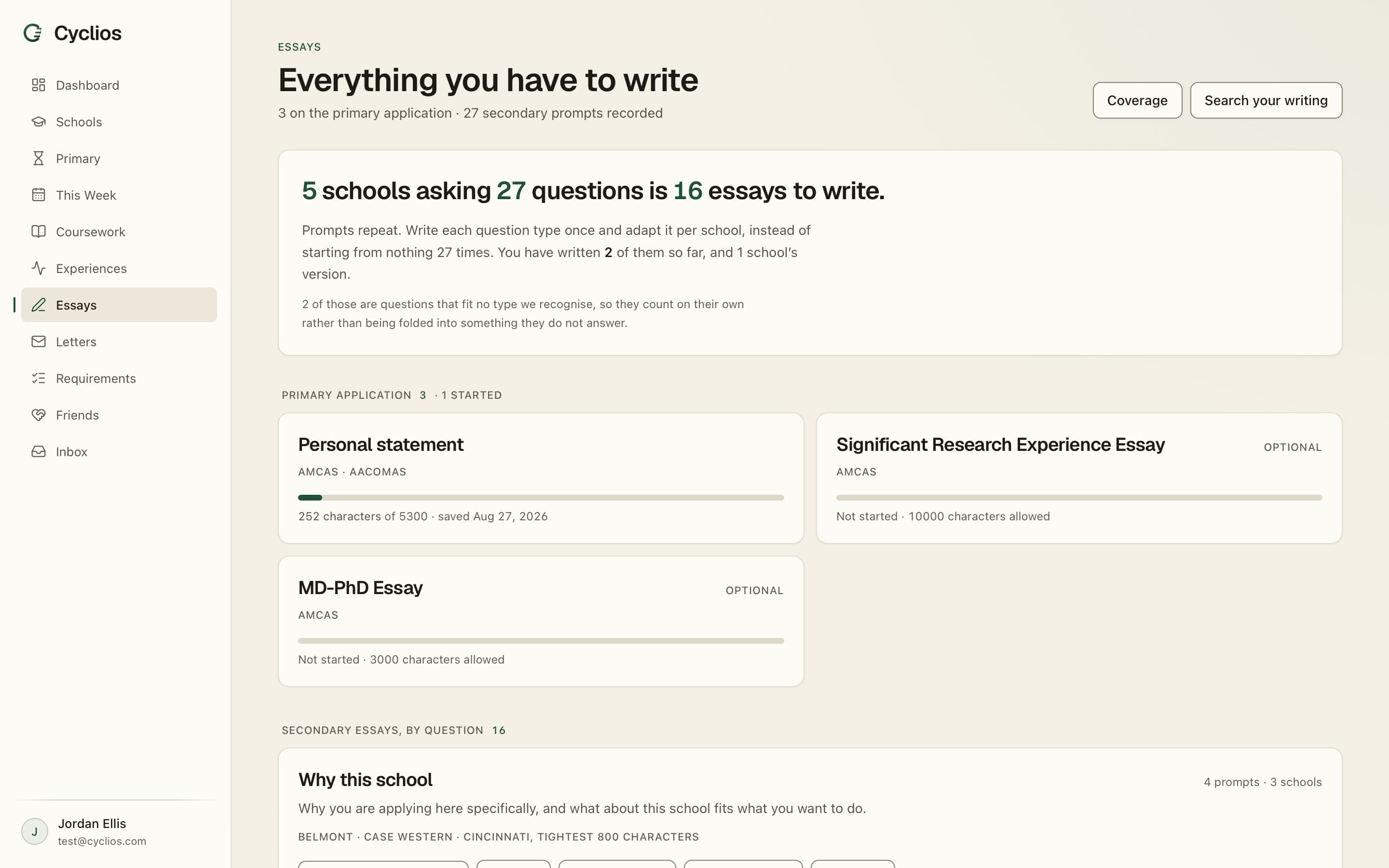 The Cyclios essay bank with prompts grouped by question type, each naming the schools that ask it and the tightest limit among them.