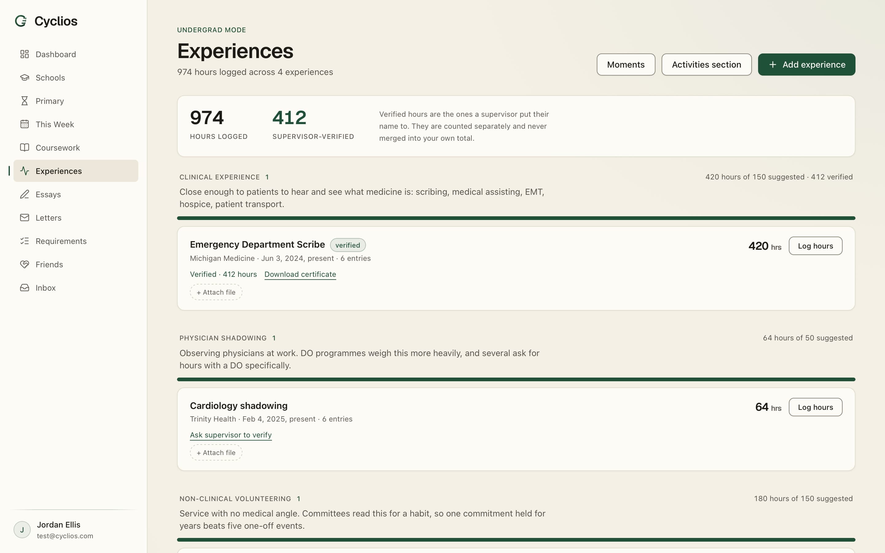The Cyclios experiences screen showing logged hours, supervisor-verified hours, and a role marked verified.
